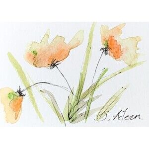 ACEO Painting Loose Watercolor Flowers Bouquet Green Leaves Botanical IV Signed